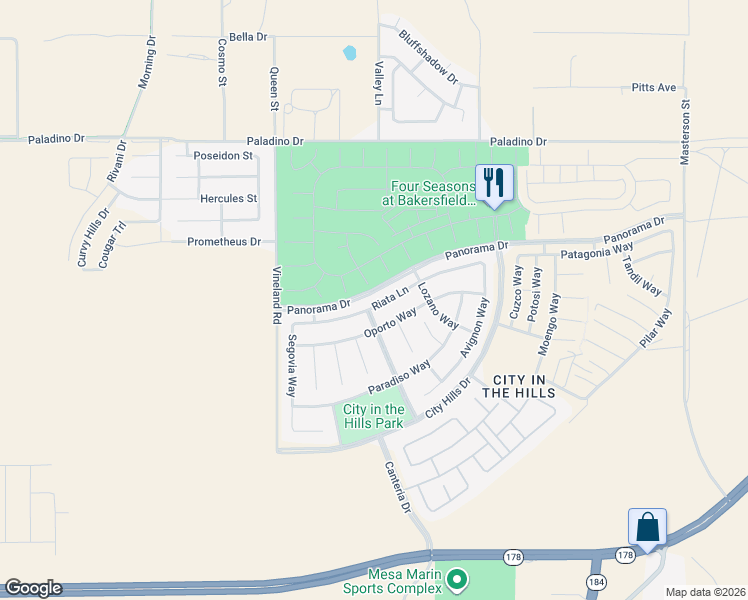 map of restaurants, bars, coffee shops, grocery stores, and more near 10120 Riata Lane in Bakersfield