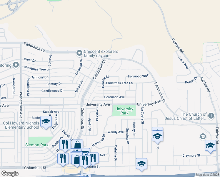 map of restaurants, bars, coffee shops, grocery stores, and more near 4225 Christmas Tree Lane in Bakersfield