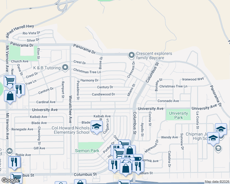 map of restaurants, bars, coffee shops, grocery stores, and more near 3605 Century Drive in Bakersfield
