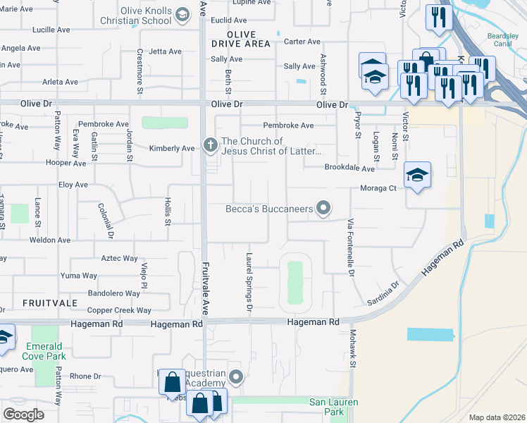 map of restaurants, bars, coffee shops, grocery stores, and more near 5300 Spring Canyon Court in Bakersfield