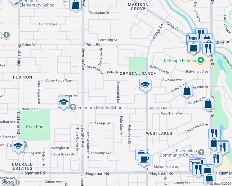 map of restaurants, bars, coffee shops, grocery stores, and more near 10809 Mescalero Court in Bakersfield