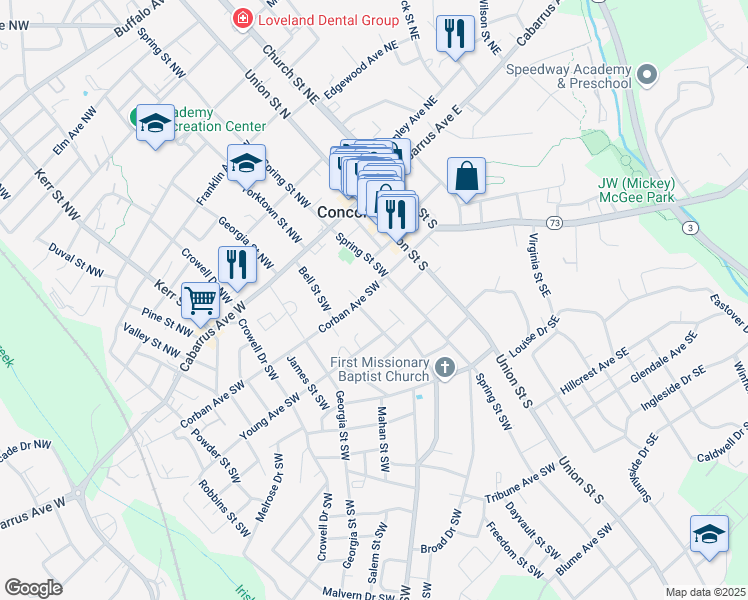 map of restaurants, bars, coffee shops, grocery stores, and more near 64 Corban Avenue Southwest in Concord