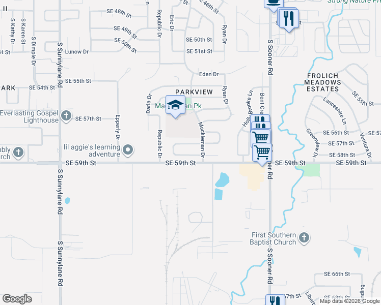 map of restaurants, bars, coffee shops, grocery stores, and more near 4928 Southeast 58th Street in Oklahoma City
