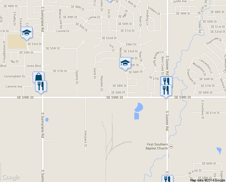 map of restaurants, bars, coffee shops, grocery stores, and more near 4928 Southeast 58th Street in Oklahoma City