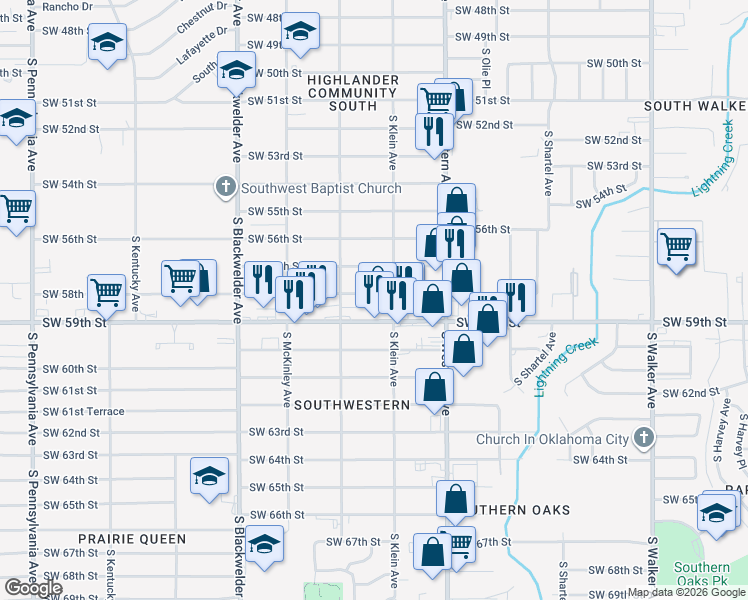 map of restaurants, bars, coffee shops, grocery stores, and more near 1016 Southwest 58th Street in Oklahoma City