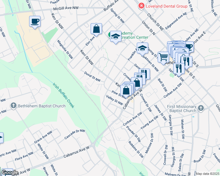 map of restaurants, bars, coffee shops, grocery stores, and more near 253 Franklin Avenue Northwest in Concord