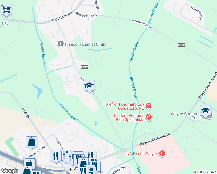 map of restaurants, bars, coffee shops, grocery stores, and more near 109 Veranda Place in Goldsboro