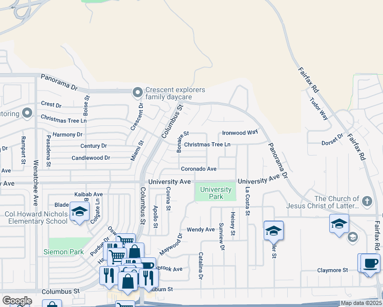 map of restaurants, bars, coffee shops, grocery stores, and more near 4225 Christmas Tree Lane in Bakersfield
