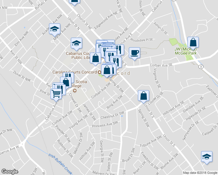 map of restaurants, bars, coffee shops, grocery stores, and more near 57 Corban Avenue Southwest in Concord