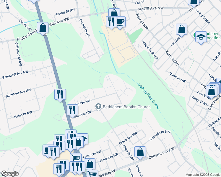 map of restaurants, bars, coffee shops, grocery stores, and more near 271 Epworth Street Northwest in Concord