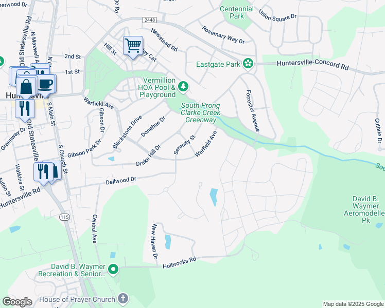 map of restaurants, bars, coffee shops, grocery stores, and more near 11625 Warfield Avenue in Huntersville