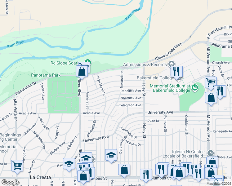map of restaurants, bars, coffee shops, grocery stores, and more near 1132 Radcliffe Avenue in Bakersfield