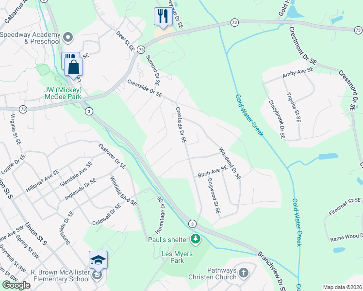 map of restaurants, bars, coffee shops, grocery stores, and more near 468 Crestside Drive Southeast in Concord