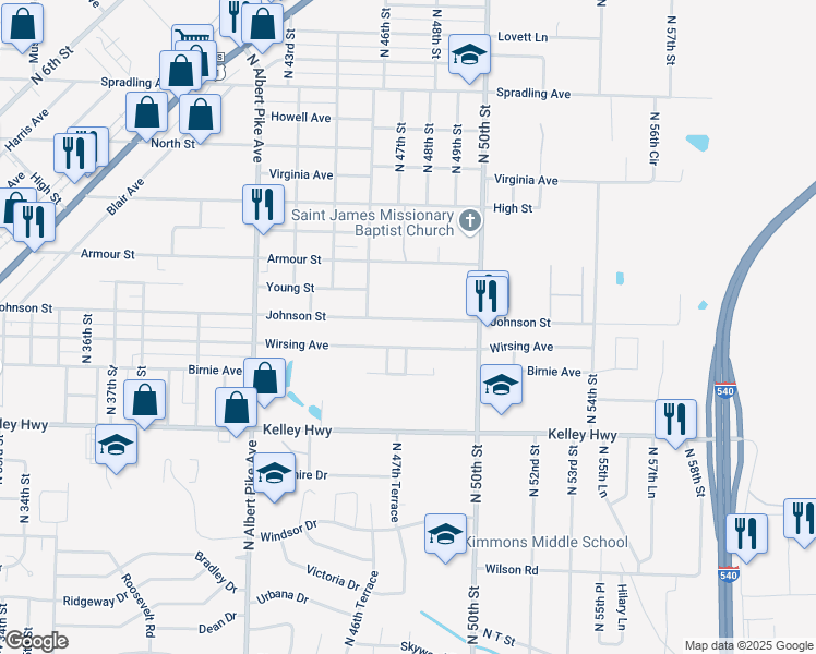 map of restaurants, bars, coffee shops, grocery stores, and more near 4715 Johnson Street in Fort Smith