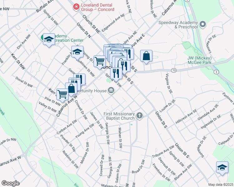 map of restaurants, bars, coffee shops, grocery stores, and more near 64 Corban Avenue Southwest in Concord