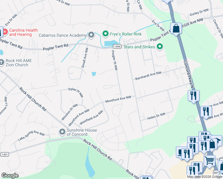 map of restaurants, bars, coffee shops, grocery stores, and more near 2692 Poplar Cove Dr NW in Concord
