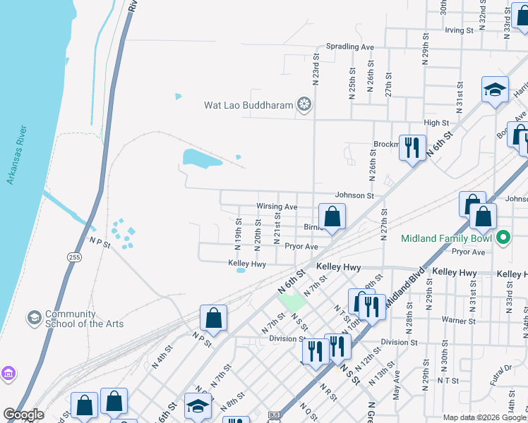 map of restaurants, bars, coffee shops, grocery stores, and more near 2001 Wirsing Avenue in Fort Smith