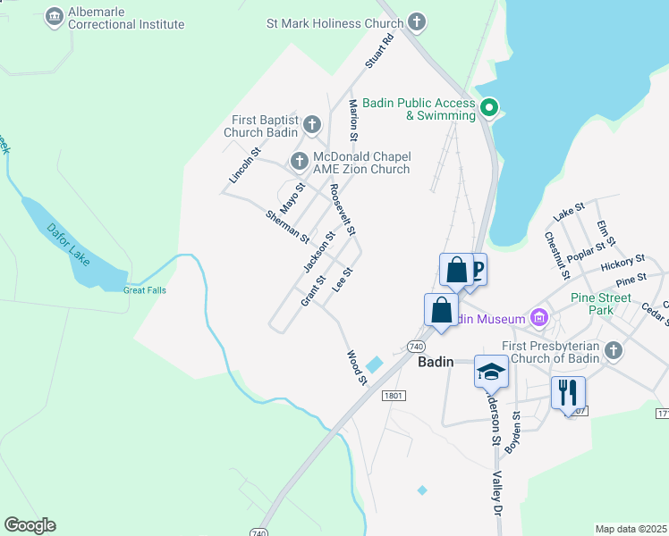 map of restaurants, bars, coffee shops, grocery stores, and more near 321 Grant Street in Badin