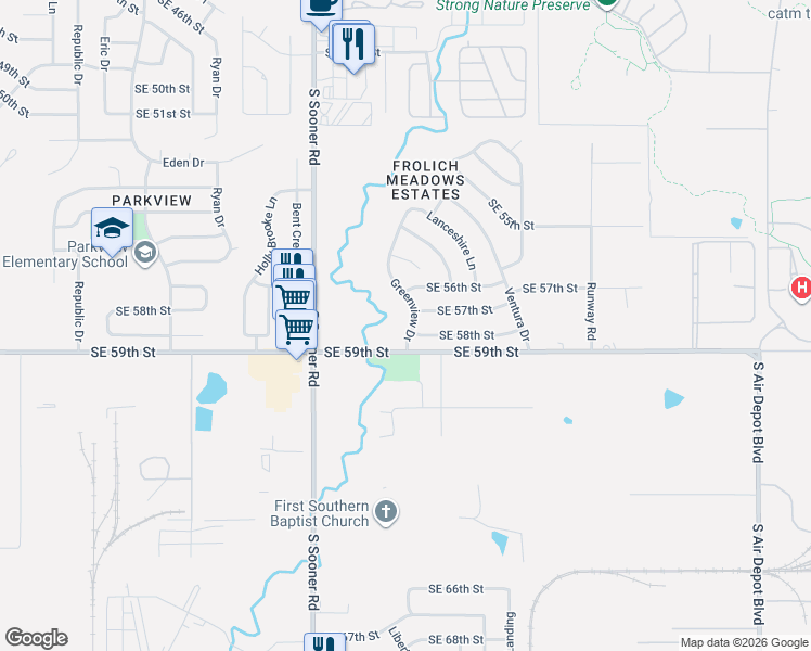 map of restaurants, bars, coffee shops, grocery stores, and more near 5713 Greenview Drive in Oklahoma City