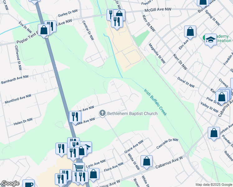 map of restaurants, bars, coffee shops, grocery stores, and more near 271 Epworth Street Northwest in Concord