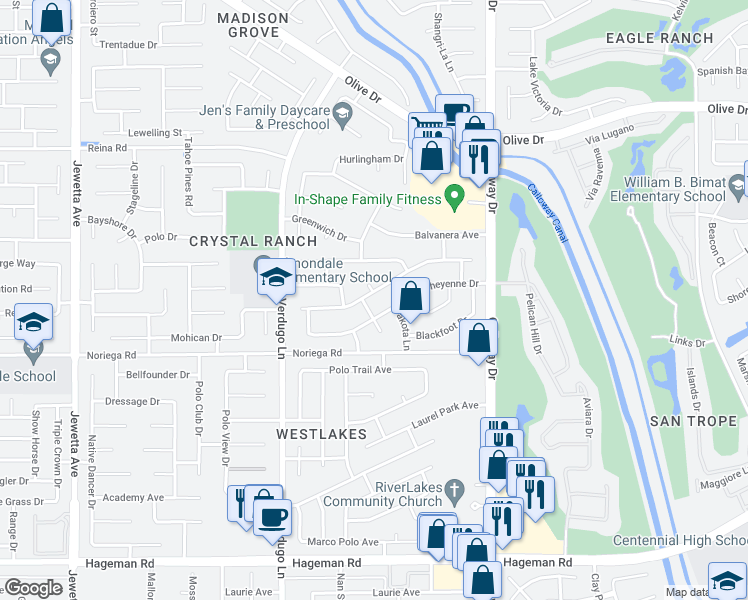 map of restaurants, bars, coffee shops, grocery stores, and more near 10123 Iroquois Lane in Bakersfield