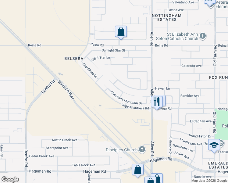 map of restaurants, bars, coffee shops, grocery stores, and more near 13404 Cheyenne Mountain Drive in Bakersfield