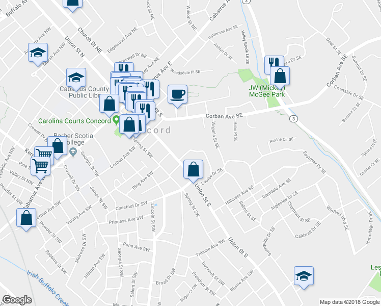 map of restaurants, bars, coffee shops, grocery stores, and more near 24 Washington Lane Southeast in Concord