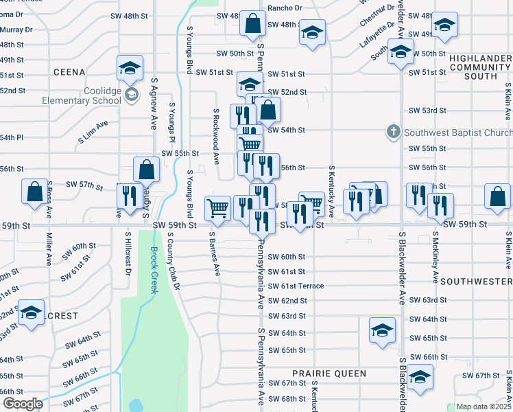 map of restaurants, bars, coffee shops, grocery stores, and more near 5835 South Pennsylvania Avenue in Oklahoma City