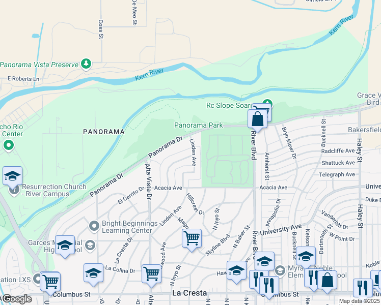 map of restaurants, bars, coffee shops, grocery stores, and more near 3428 La Cresta Drive in Bakersfield