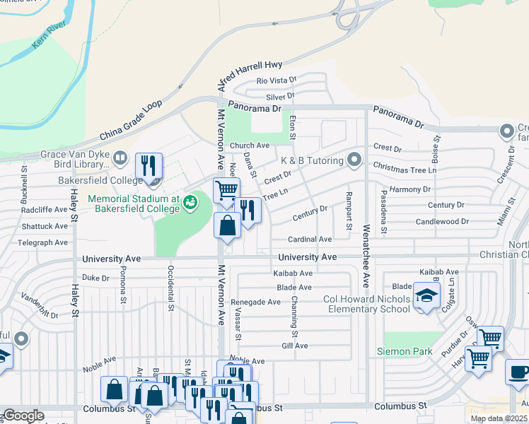 map of restaurants, bars, coffee shops, grocery stores, and more near 3792 Dana Street in Bakersfield