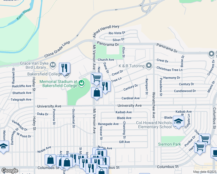 map of restaurants, bars, coffee shops, grocery stores, and more near 3792 Dana Street in Bakersfield