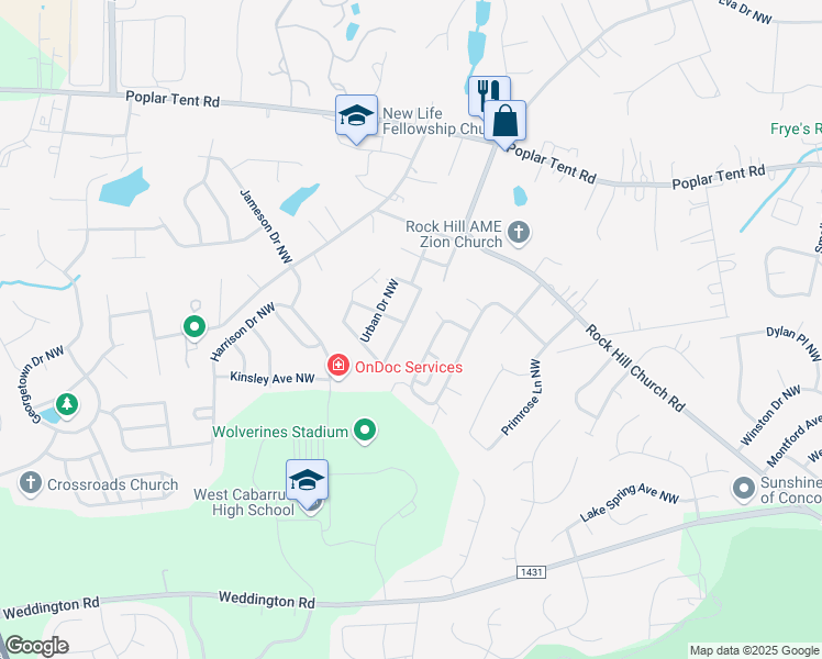 map of restaurants, bars, coffee shops, grocery stores, and more near 551 Barrington Place Northwest in Concord