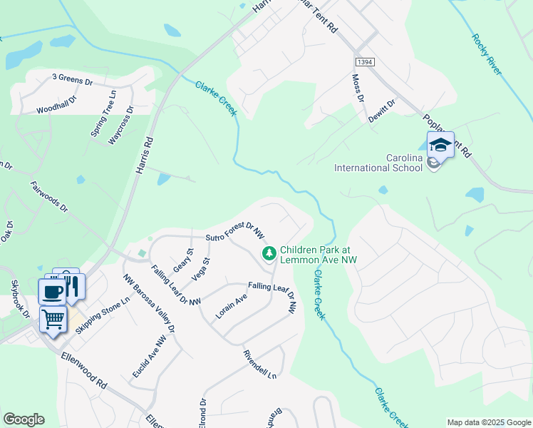 map of restaurants, bars, coffee shops, grocery stores, and more near 415 Sweet Shrub Court Northwest in Concord