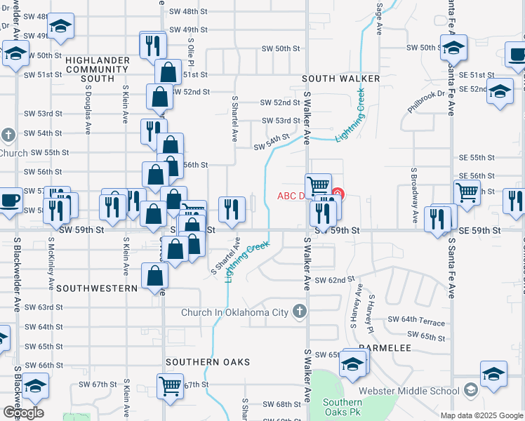 map of restaurants, bars, coffee shops, grocery stores, and more near 5901 South Lee Avenue in Oklahoma City