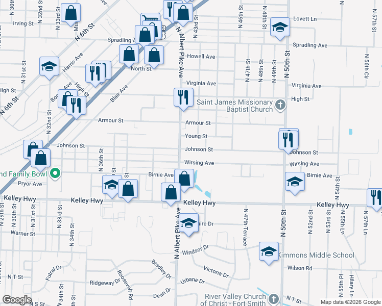 map of restaurants, bars, coffee shops, grocery stores, and more near 2818 North Albert Pike Avenue in Fort Smith