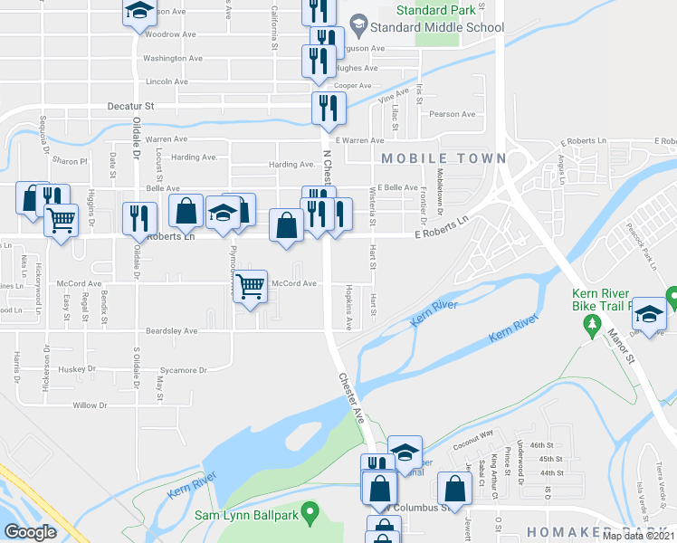 map of restaurants, bars, coffee shops, grocery stores, and more near 210 North Chester Avenue in Bakersfield