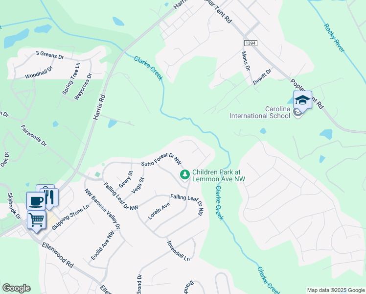 map of restaurants, bars, coffee shops, grocery stores, and more near 415 Sweet Shrub Court Northwest in Concord
