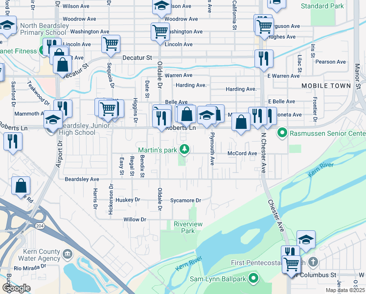 map of restaurants, bars, coffee shops, grocery stores, and more near 336 McCord Avenue in Bakersfield