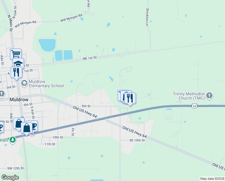 map of restaurants, bars, coffee shops, grocery stores, and more near 900 5th Street in Muldrow