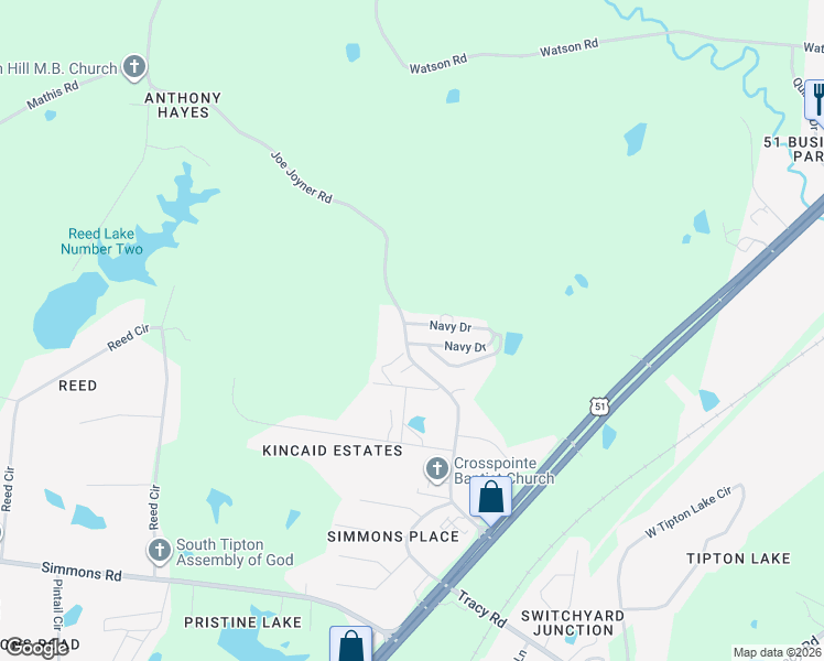 map of restaurants, bars, coffee shops, grocery stores, and more near 585 Joe Joyner Road in Munford