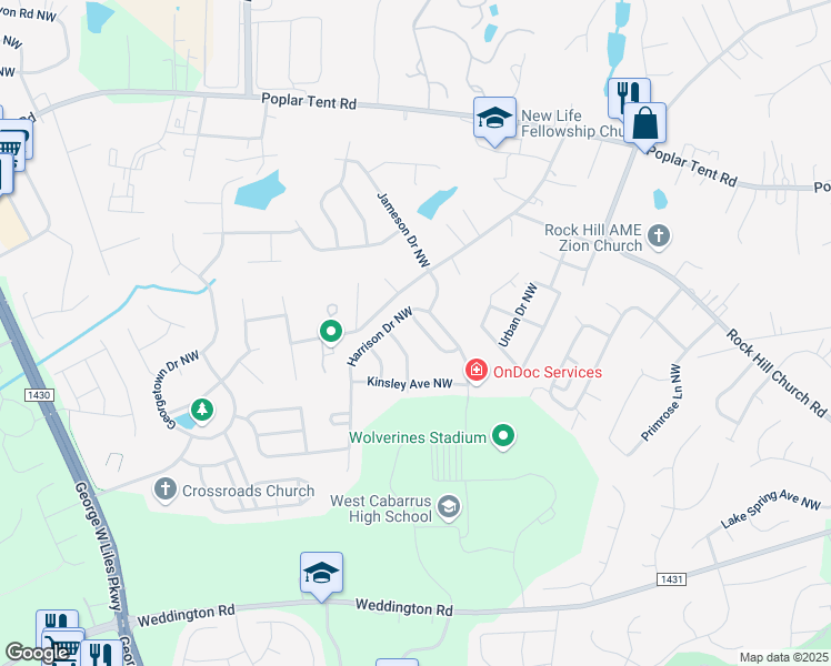 map of restaurants, bars, coffee shops, grocery stores, and more near 2630 Lansing Street Northwest in Concord