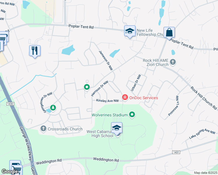 map of restaurants, bars, coffee shops, grocery stores, and more near 2630 Lansing St NW in Concord