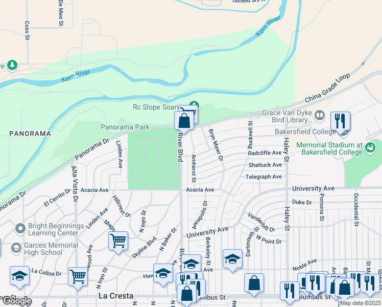 map of restaurants, bars, coffee shops, grocery stores, and more near 3801 River Boulevard in Bakersfield