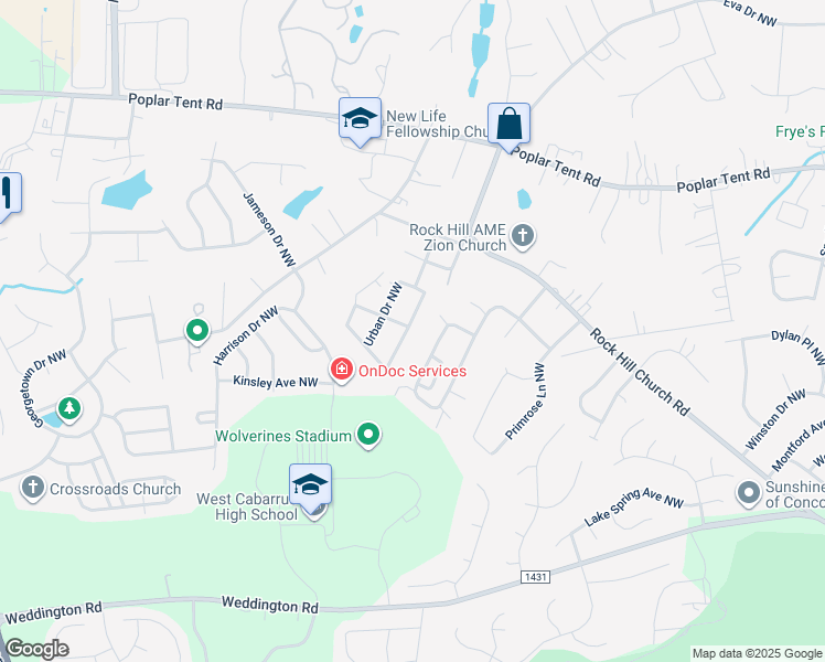 map of restaurants, bars, coffee shops, grocery stores, and more near 551 Barrington Place Northwest in Concord
