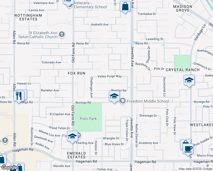 map of restaurants, bars, coffee shops, grocery stores, and more near 11605 Revolution Road in Bakersfield