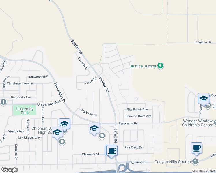 map of restaurants, bars, coffee shops, grocery stores, and more near 5905 Fairfax Road in Bakersfield