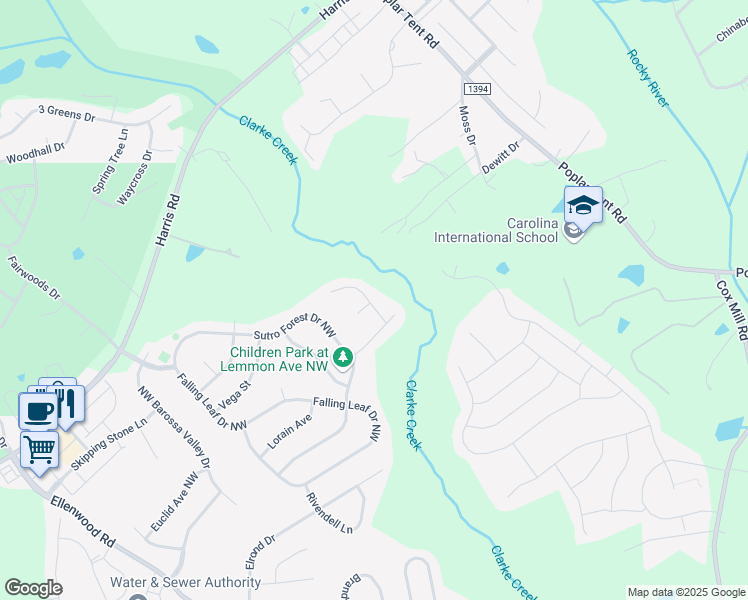 map of restaurants, bars, coffee shops, grocery stores, and more near 392 Sweet Shrub Court Northwest in Concord
