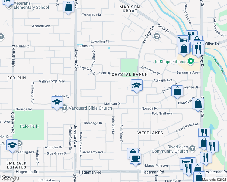 map of restaurants, bars, coffee shops, grocery stores, and more near 10809 Mescalero Court in Bakersfield