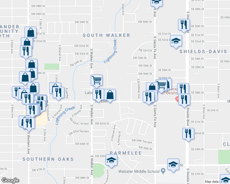 map of restaurants, bars, coffee shops, grocery stores, and more near 5801 South Harvey Avenue in Oklahoma City