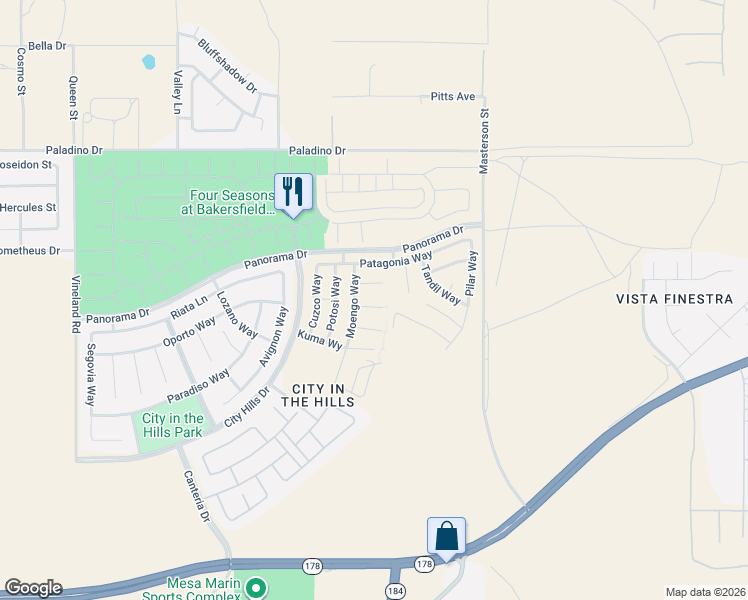 map of restaurants, bars, coffee shops, grocery stores, and more near 10800 Asuncion Place in Bakersfield